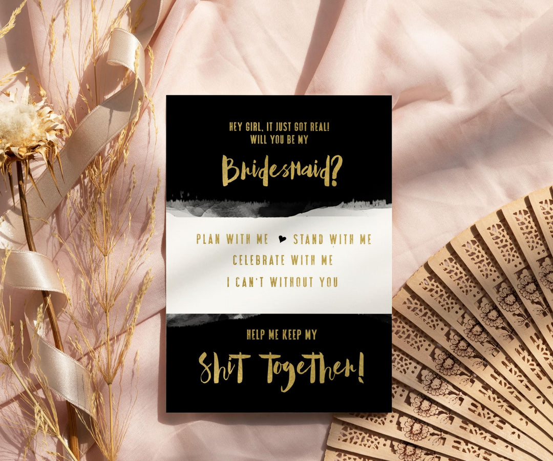 Bridesmaid Cards with Envelopes, Black and Gold, 6 Pack - Paper Clever Party