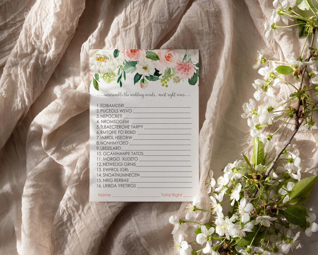 Wedding Word Scramble Graceful Floral Bridal Shower Game - Unscramble Activity with Pink and Gold Greenery, 5x7 Cards for 25 Guests - Paper Clever Party