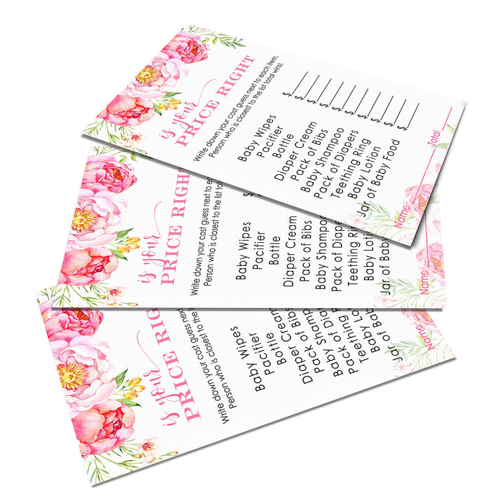 Cottage Floral Baby Shower Guess the Price Game - Rustic Country Flower Theme, Pink, Pack of 25 - Paper Clever Party