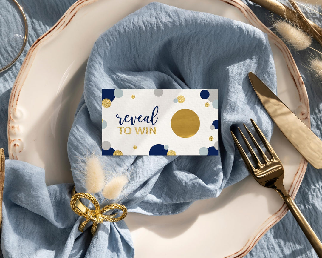 Blue & Gold Scratch-Off Game Cards (28 Pack) - Elegant for Bridal Showers, Baby Showers, Graduation, Retirement - Paper Clever Party