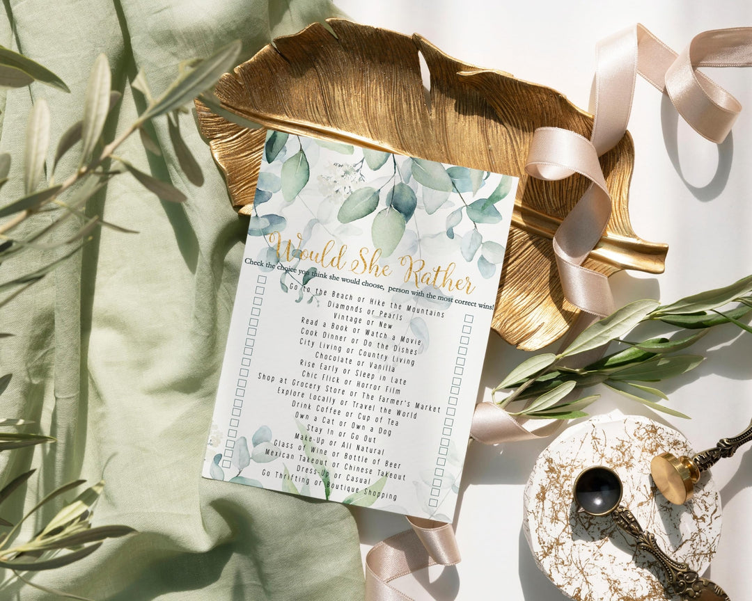 Rustic Eucalyptus Floral Would She Rather Greenery and Gold Bridal Shower Game - Wedding Bride Best, 25 Pack - Paper Clever Party