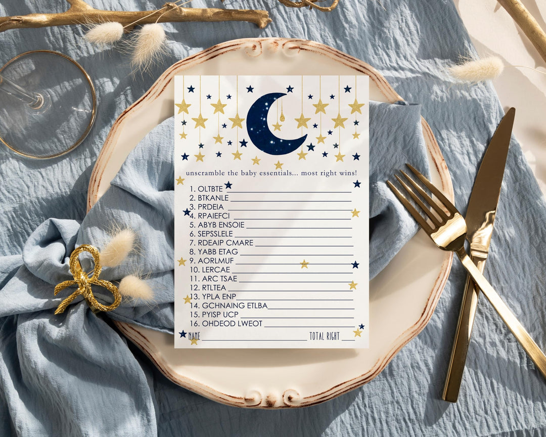 Twinkle Little Star Baby Shower Games Word Scramble - 25 Pack Unscramble Activity Cards for Dreamy Nighttime Event - Paper Clever Party