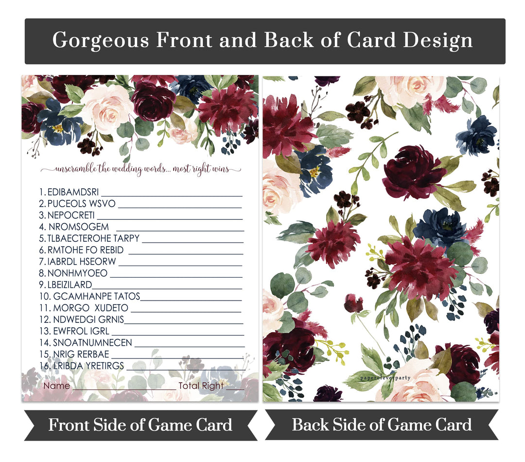 Wedding Word Scramble Indigo Floral Bridal Shower Game - Burgundy and Navy, 5x7 Cards for 25 Guests - Paper Clever Party