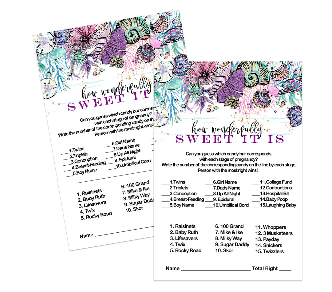 Mermaid Baby Shower Candy Guessing Game - 25 Enchanting Seashell Cards in Purple & Teal - Paper Clever Party