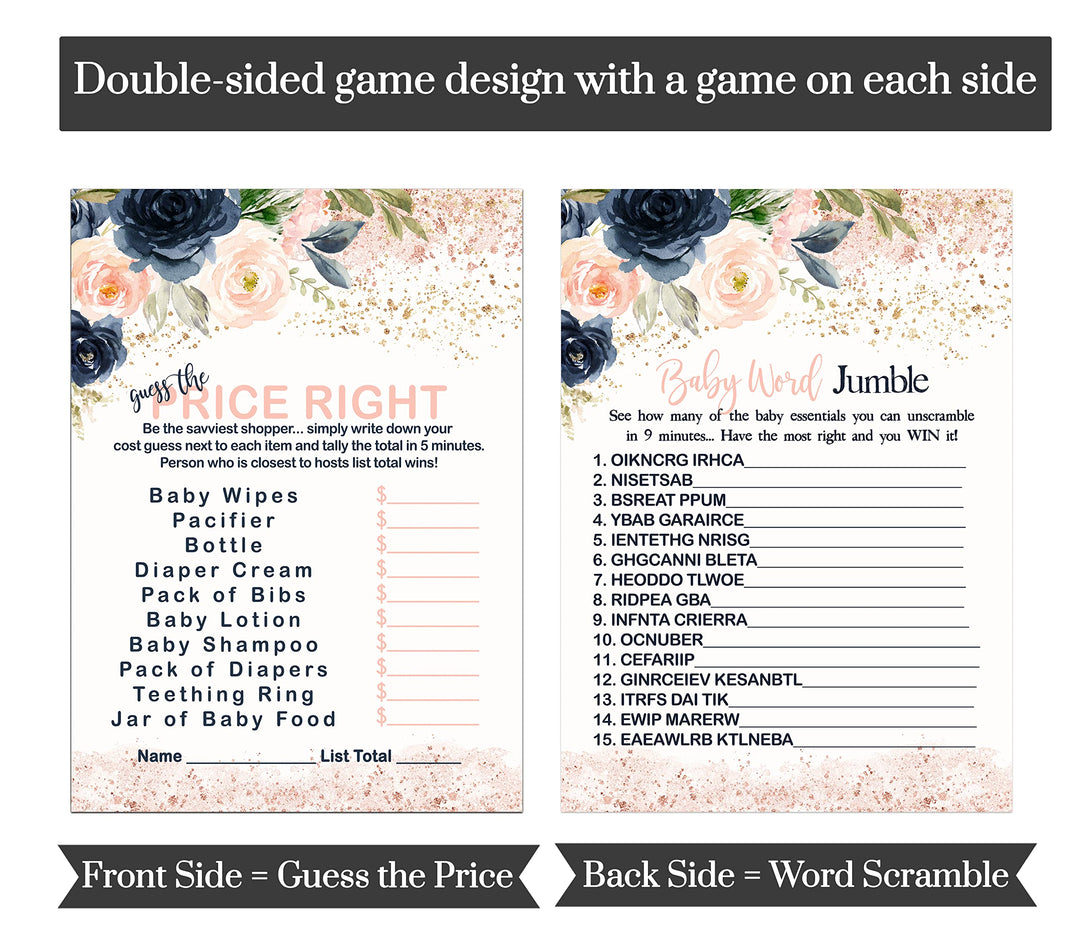 “Pastel Perfection” - Blushing Baby Shower Game Set, Rustic Floral Blue & Pink, 5x7 Cards (25 ct) - Paper Clever Party