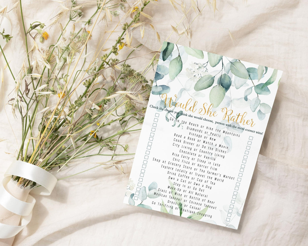 Rustic Eucalyptus Floral Would She Rather Greenery and Gold Bridal Shower Game - Wedding Bride Best, 25 Pack - Paper Clever Party