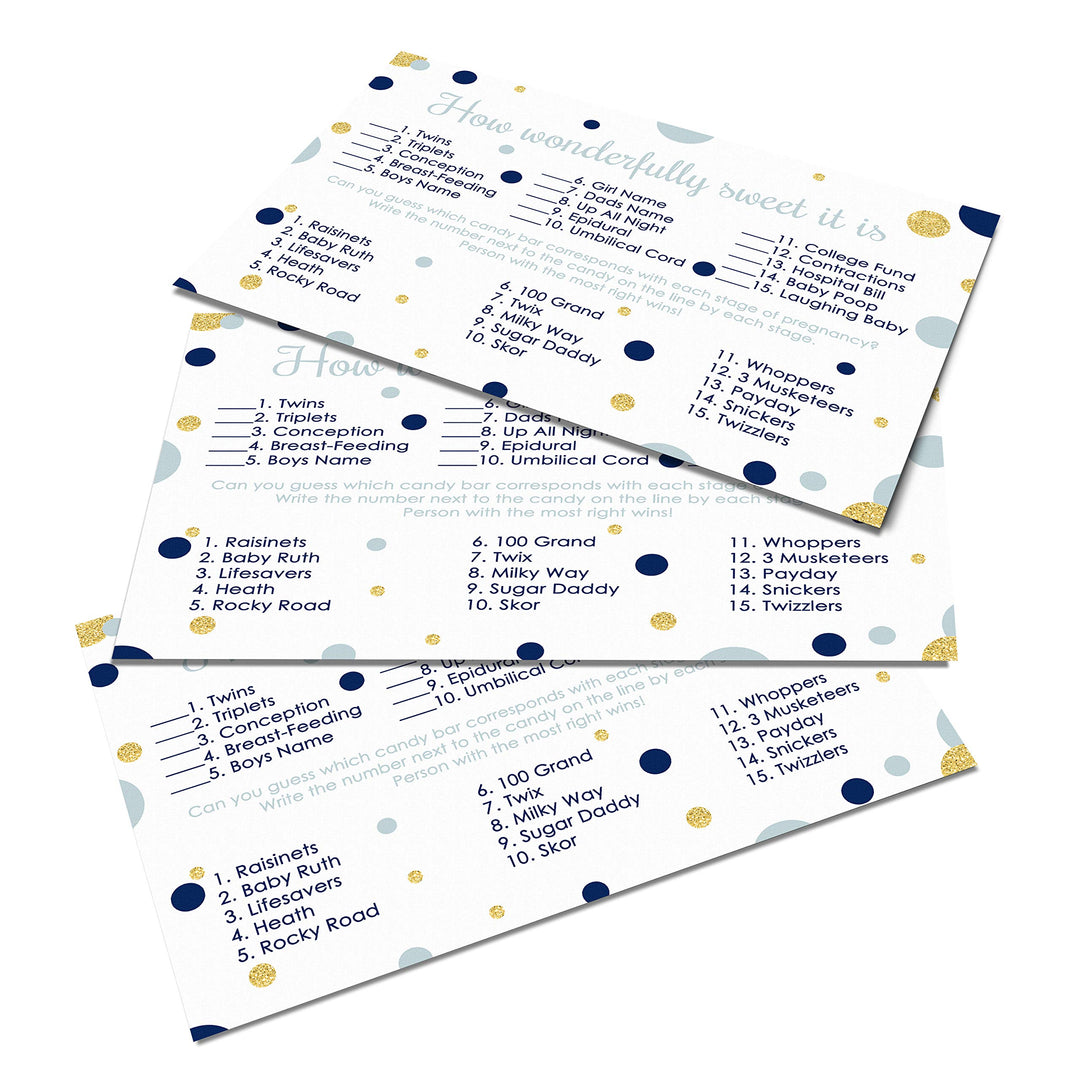 Navy & Gold Baby Shower Candy Matching Game - 25 Cards with Little Star & Royal Prince Themes - Guess the Candies - Paper Clever Party