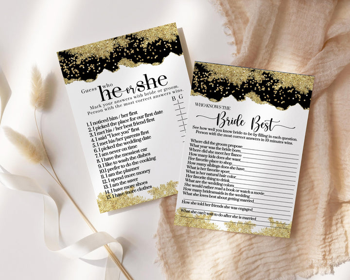 Elegant Black and Gold He or She Said Bridal Shower Game - Modern 5x7 Cards for 25 Guests, Plus Bride Best Challenge - Paper Clever Party