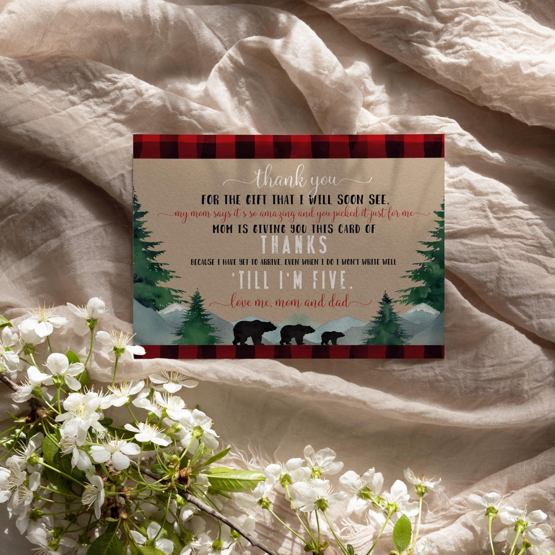 Lumberjack Boys Baby Shower Thank You Cards - Rustic (15 Pack) with Red Envelopes, 4x6 - Paper Clever Party