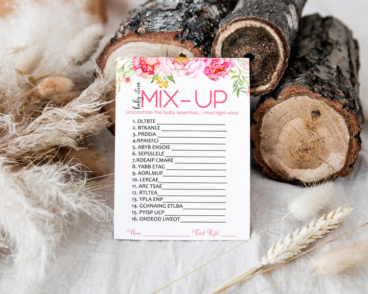 Cottage Floral Baby Shower Games Word Scramble - 25 Pack Girls Unscramble Activity Card Set for Rustic Pink Woodland Event - Printed 4x6 Size Set - Paper Clever Party