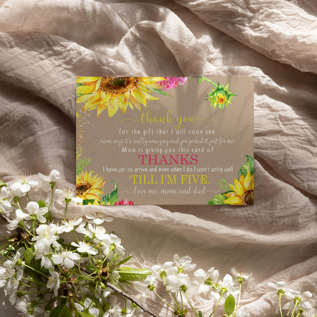 Sunflower Baby Shower Thank You Cards - Rustic Neutral (15 Pack) with Pink Envelopes, 4x6 - Paper Clever Party