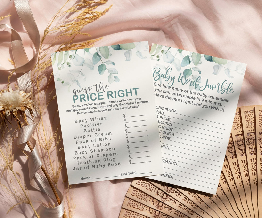 Botanical Bliss - Eucalyptus & Gold Baby Shower Game Set, 5x7 Double-Sided Cards (25 ct) - Paper Clever Party