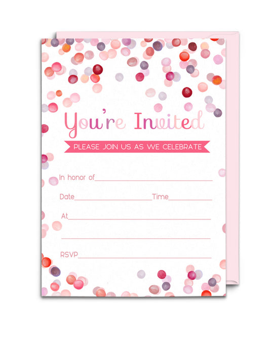Pink Confetti Party Invitations - Printed 4x6 Cards (15 Pack)