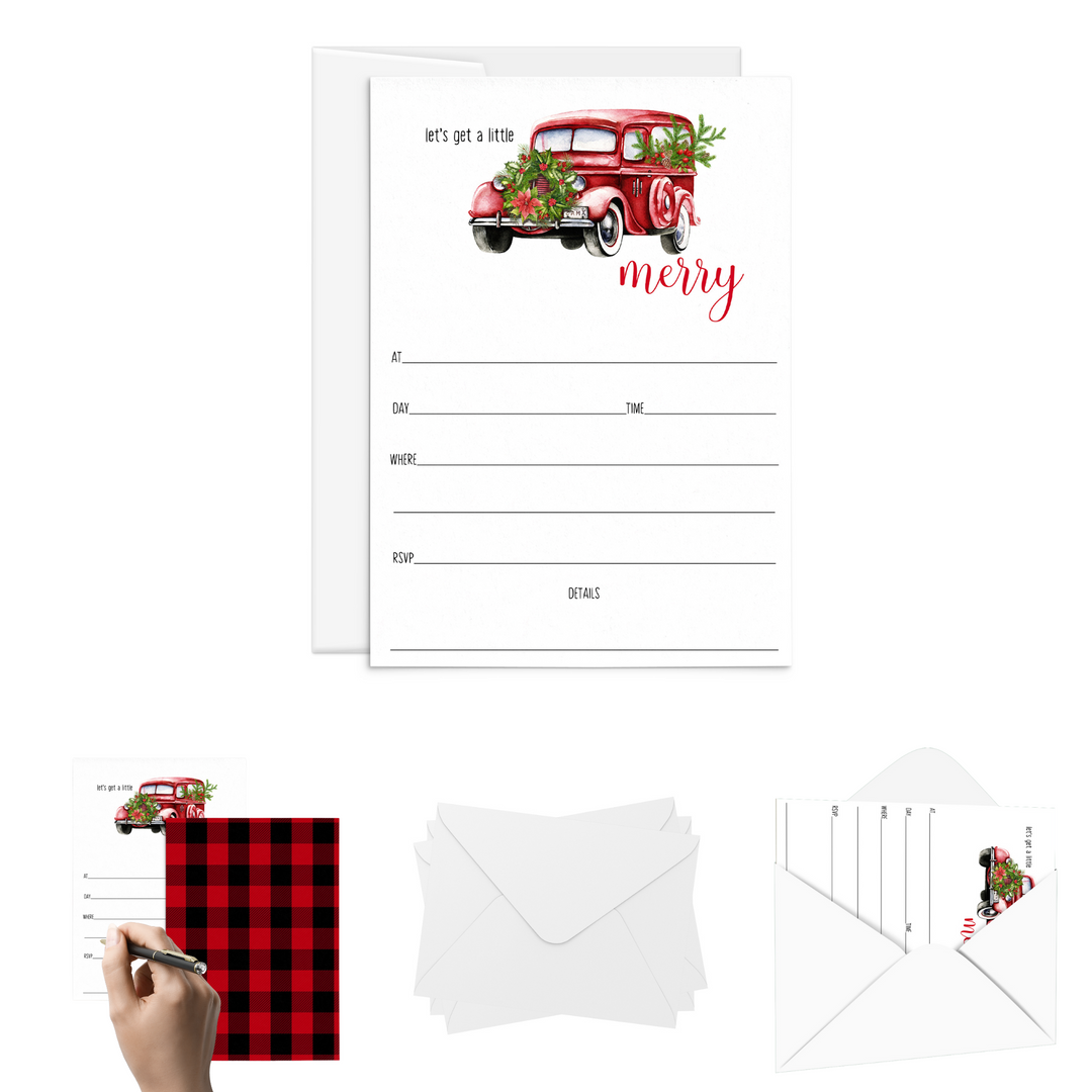 A Little Merry Christmas Invitations with Envelopes Rustic Truck Invites for Holiday Party, Open House, Jingle and Mingle, Receptions, Blank Invites to Personalize, 5x7 Card Set, 25 Guests - Paper Clever Party