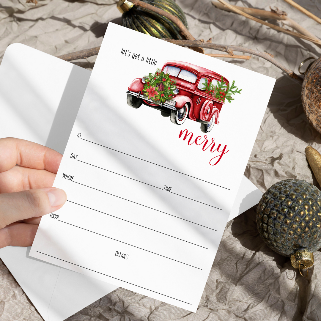 A Little Merry Christmas Invitations with Envelopes Rustic Truck Invites for Holiday Party, Open House, Jingle and Mingle, Receptions, Blank Invites to Personalize, 5x7 Card Set, 25 Guests - Paper Clever Party