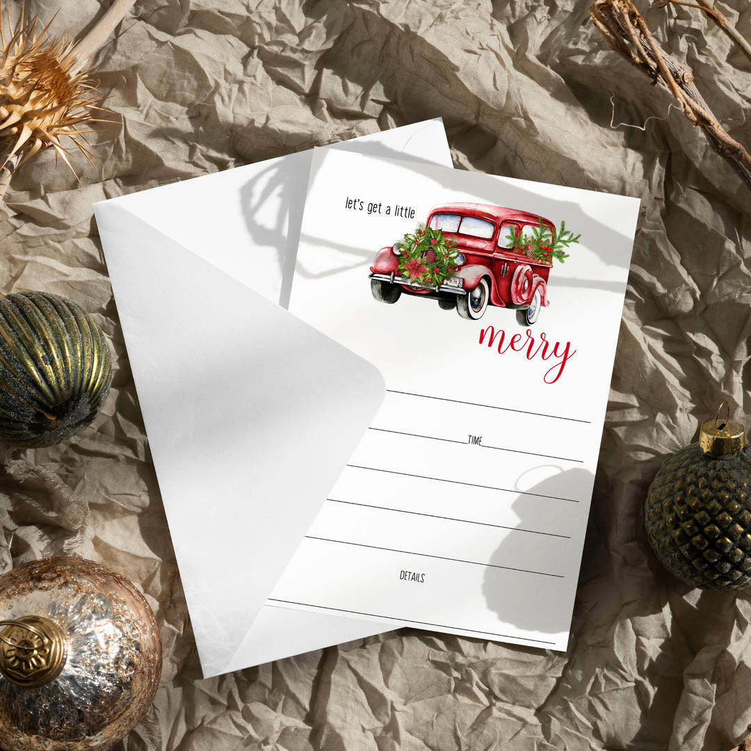 A Little Merry Christmas Invitations with Envelopes Rustic Truck Invites for Holiday Party, Open House, Jingle and Mingle, Receptions, Blank Invites to Personalize, 5x7 Card Set, 25 Guests - Paper Clever Party