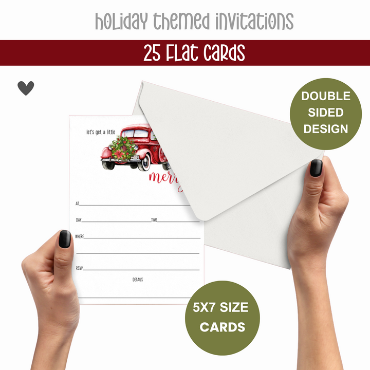 A Little Merry Christmas Invitations with Envelopes Rustic Truck Invites for Holiday Party, Open House, Jingle and Mingle, Receptions, Blank Invites to Personalize, 5x7 Card Set, 25 Guests - Paper Clever Party