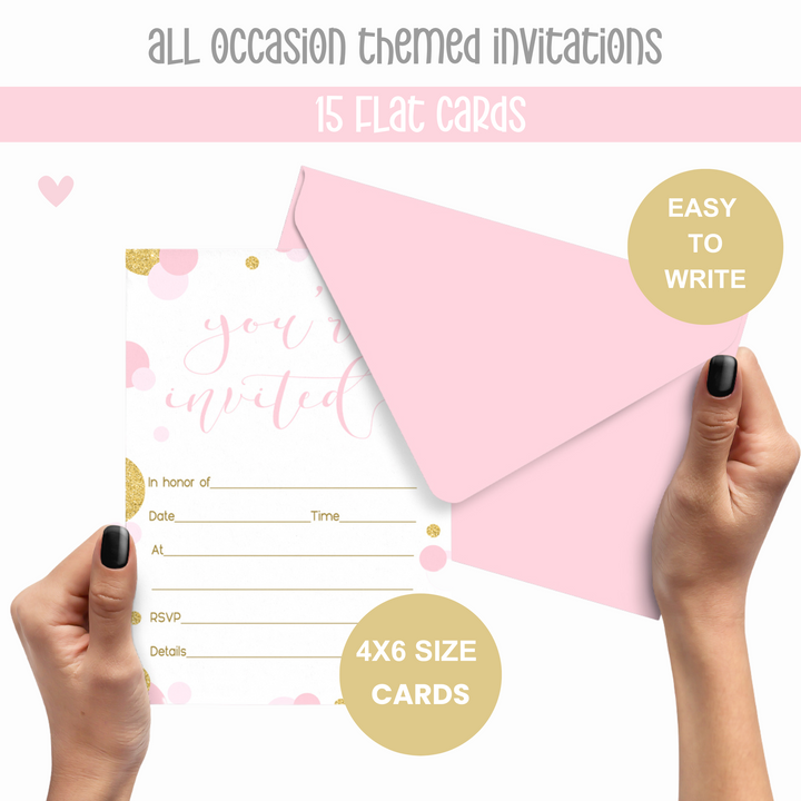 Pink and Gold Invitations with Envelopes (15 Pack) - Paper Clever Party