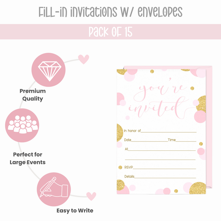 Pink and Gold Invitations with Envelopes (15 Pack) - Paper Clever Party