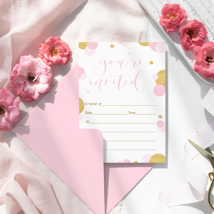 Pink and Gold Invitations with Envelopes (15 Pack) - Paper Clever Party