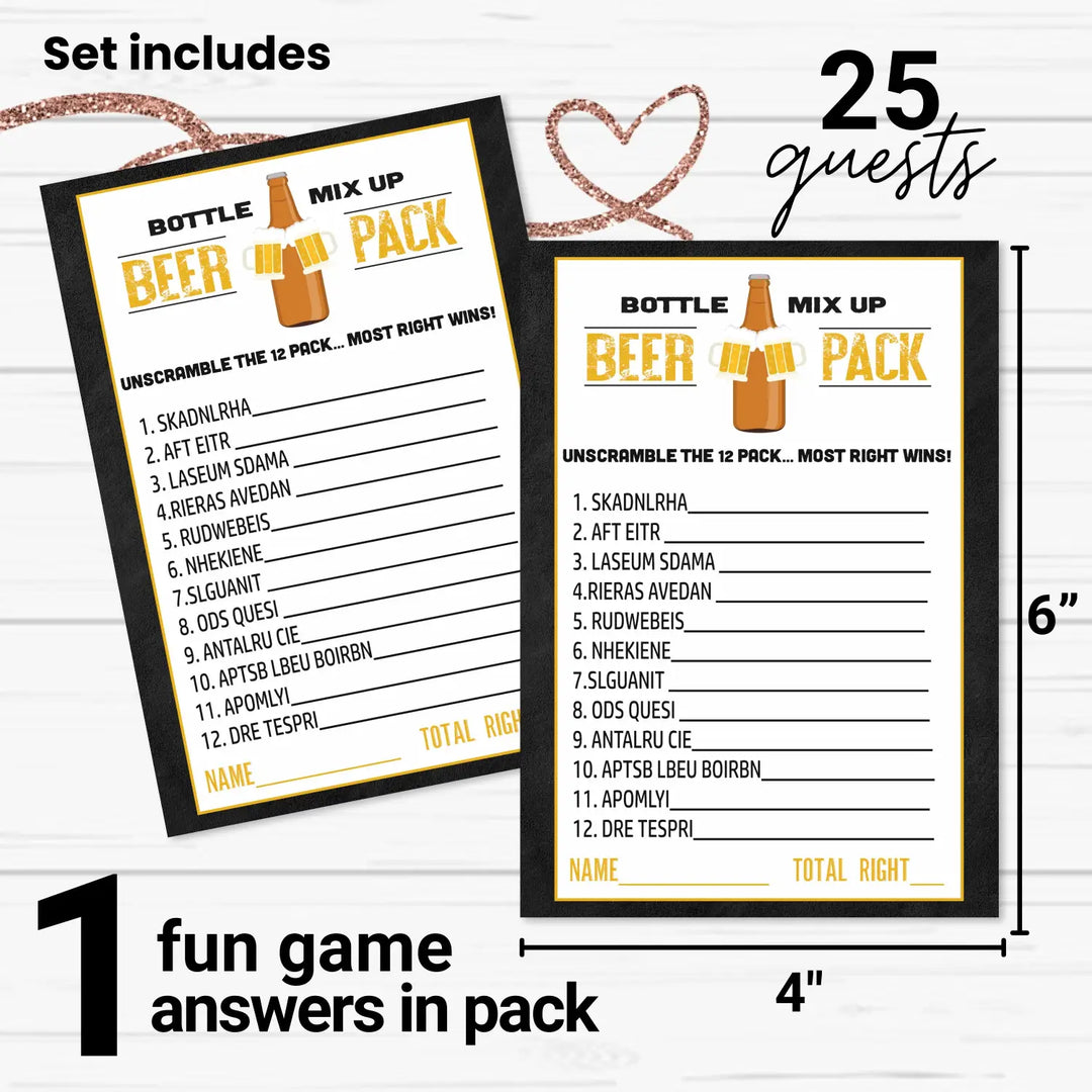 Beer Word Scramble Game - Unscramble Activity Cards for Adults, Daddy Diaper Shower, Coed Wedding Groups, Retirement, Barbecue, Tailgating, 25 Pack, 4x6 Size