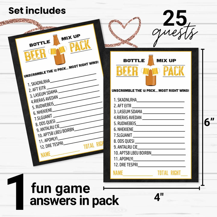 Beer Word Scramble Game - Unscramble Activity Cards for Adults, Daddy Diaper Shower, Coed Wedding Groups, Retirement, Barbecue, Tailgating, 25 Pack, 4x6 Size