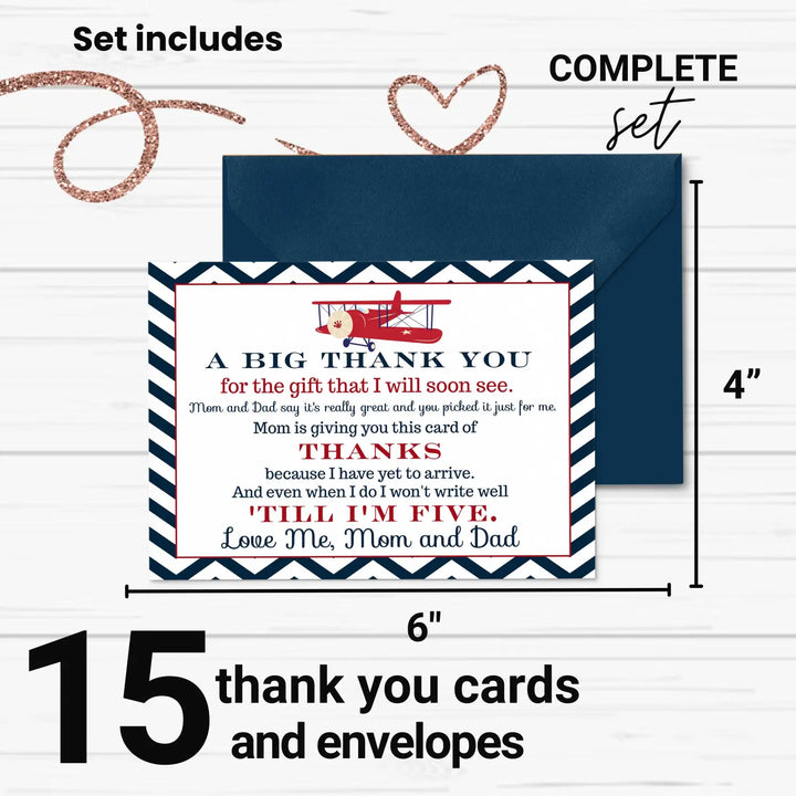 Airplane Theme Boys Baby Shower Thank You Cards - 15 Pack Notecards with Blue Envelopes, 4x6