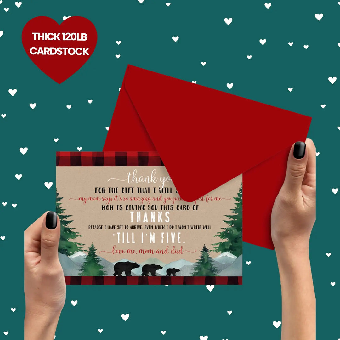 Lumberjack Boys Baby Shower Thank You Cards - Rustic (15 Pack) with Red Envelopes, 4x6