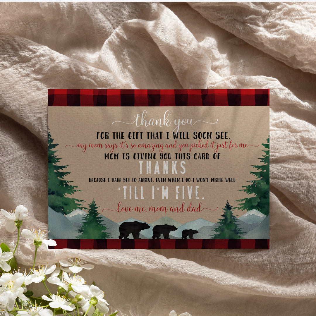 Lumberjack Boys Baby Shower Thank You Cards - Rustic (15 Pack) with Red Envelopes, 4x6 - Paper Clever Party