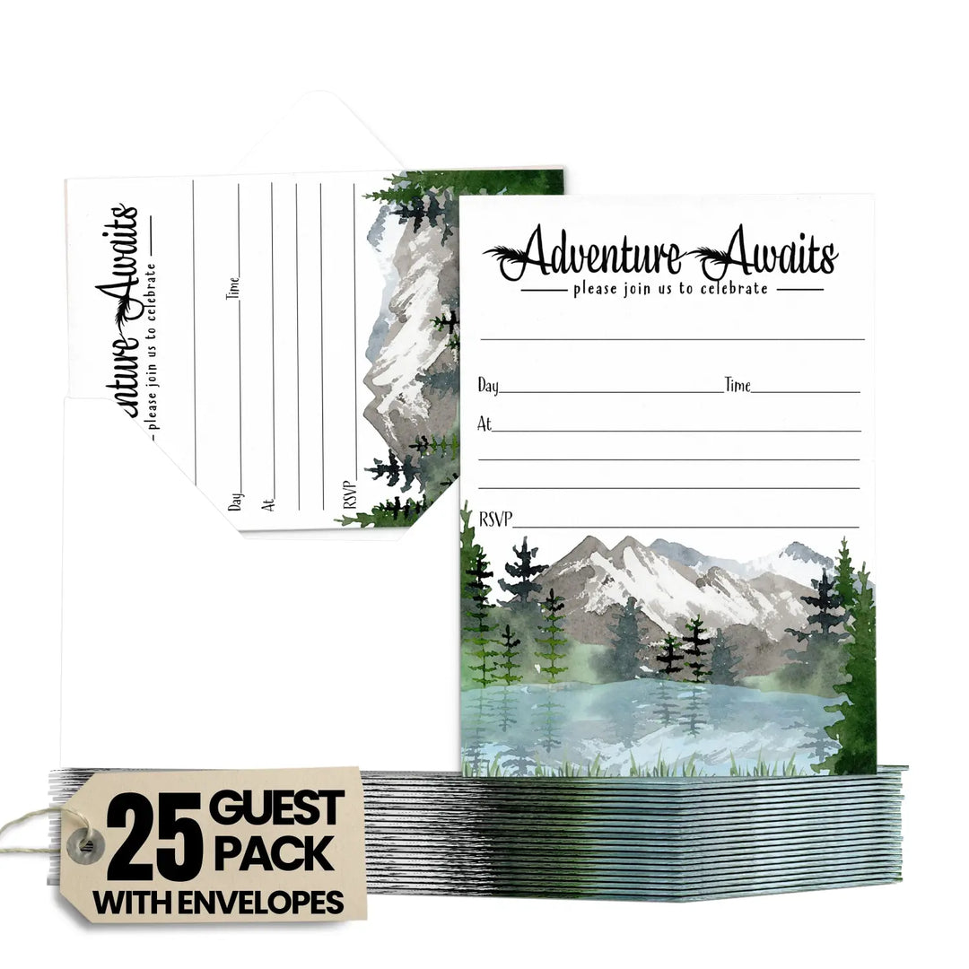 Adventure Awaits Party Invitations with Envelopes, 25 Pack, Rustic Mountain, 5x7 Blank Cards for All Occasions