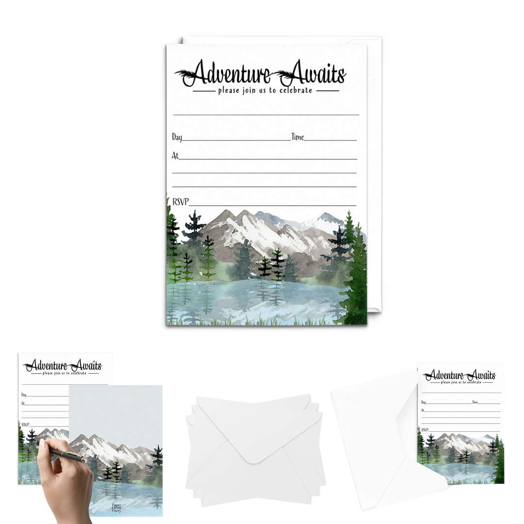 Adventure Awaits Party Invitations with Envelopes, 25 Pack, Rustic Mountain, 5x7 Blank Cards for All Occasions - Paper Clever Party