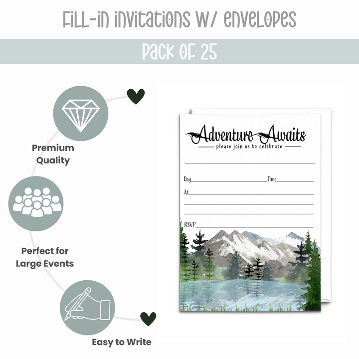 Adventure Awaits Party Invitations with Envelopes, 25 Pack, Rustic Mountain, 5x7 Blank Cards for All Occasions - Paper Clever Party