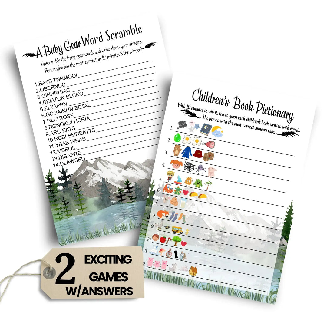 Adventure Awaits Baby Shower Game Set with Pictograms and Word Scramble, Mountain Themed, 5x7 Cards (25 ct)