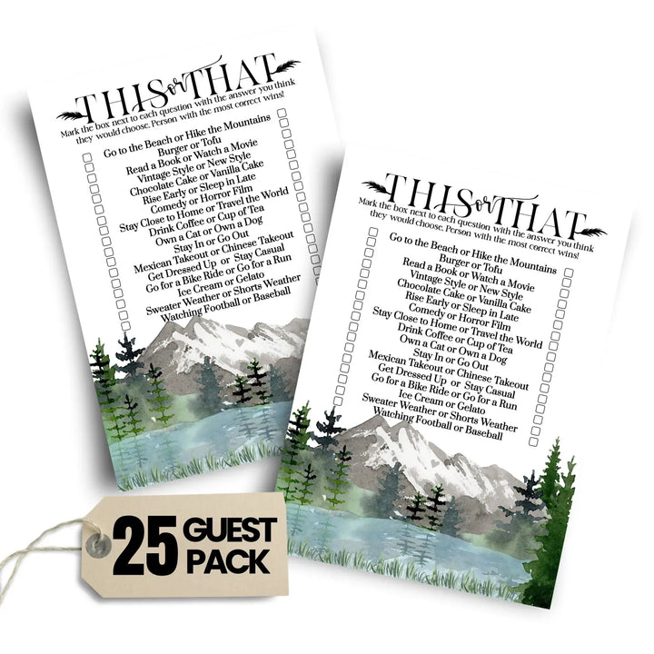 Adventure Bridal Shower Games - Would She Rather Bridal Shower Game, Fun This or That for Graduation Party, Rehearsal Dinner, Birthday Girl or Boy, Mountain Design, 25 Card Pack