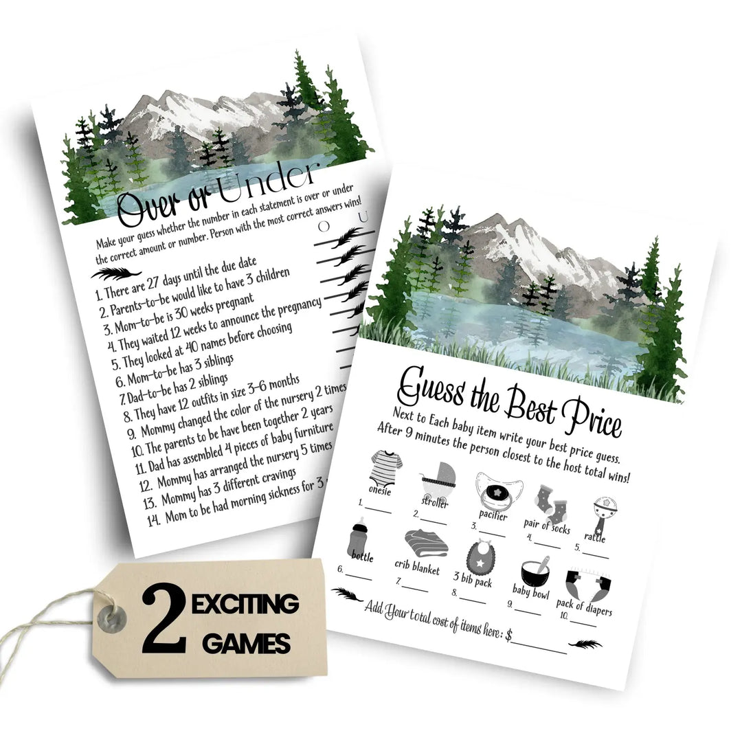 Adventure Awaits Baby Shower Game Set, Guess the Price and Over or Under - Mountain Theme, 5x7 Cards (25 ct)