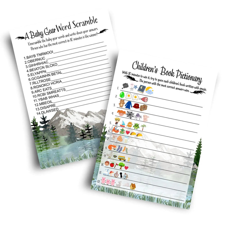 Adventure Awaits Baby Shower Games for Boys - 25 Cards - Guess the Storybook Titles & Baby Word Scramble - Mountain Theme Pack, Double-Sided Set