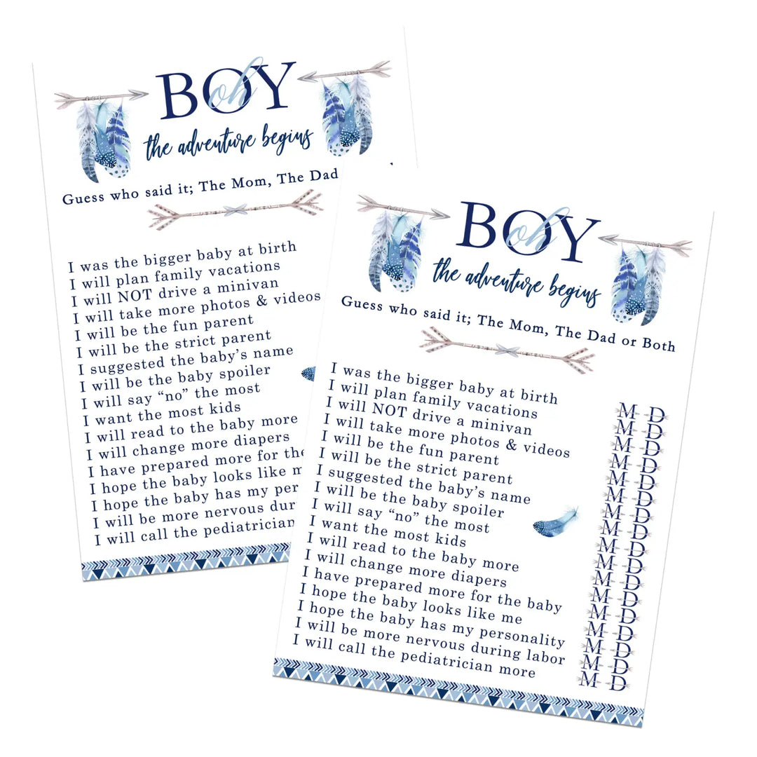 Adventure baby shower games mommy or daddy - 25 pack fun guess who activity cards for boho boys printed 5x7 set - party