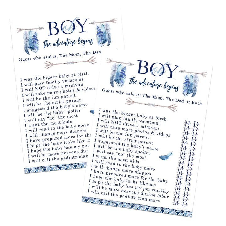 Adventure baby shower games mommy or daddy - 25 pack fun guess who activity cards for boho boys printed 5x7 set - party