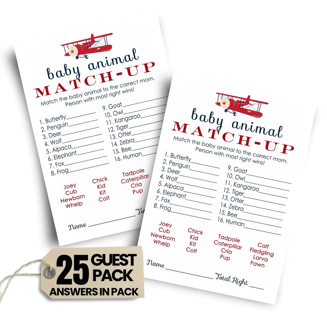 Airplane Animal Matching Game for Baby Shower (25 Card Pack)