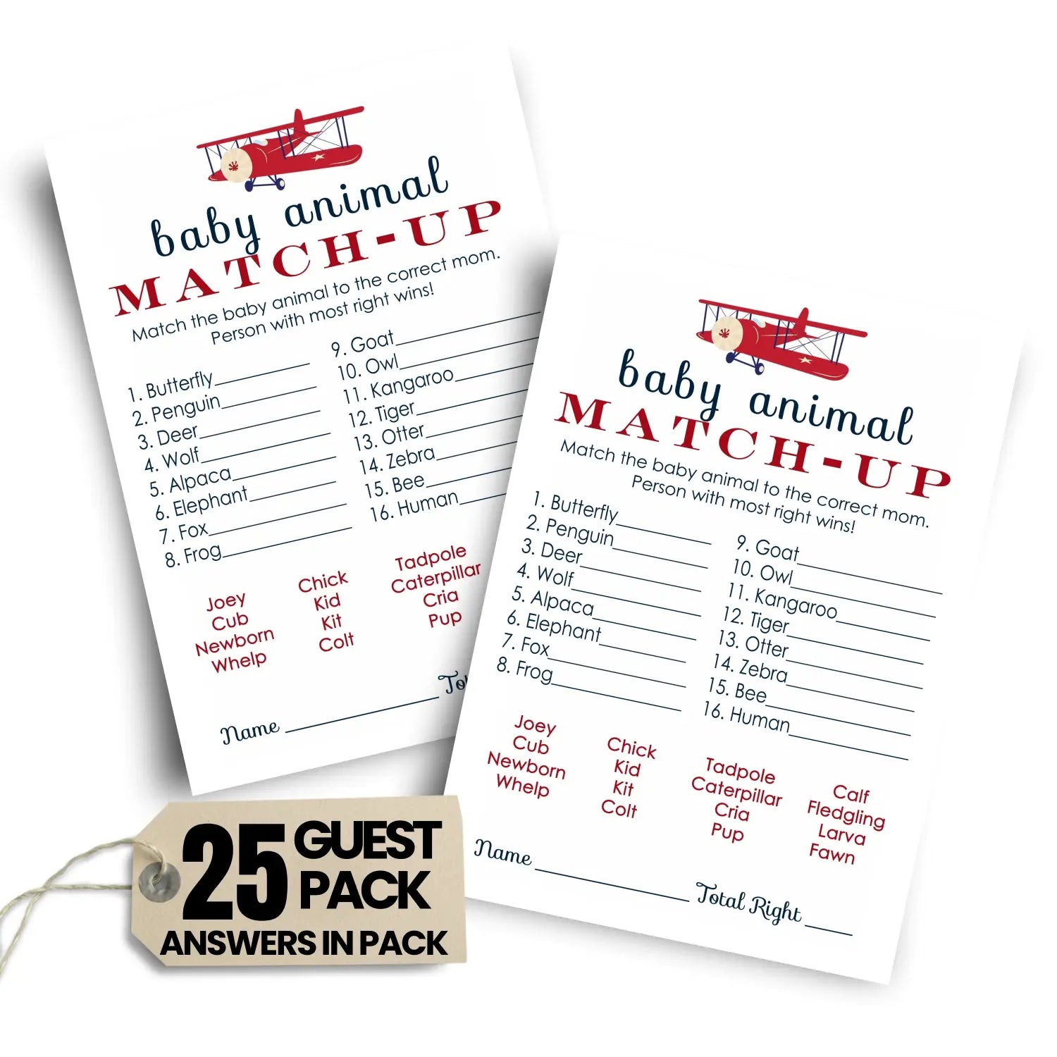 Airplane animal matching game for baby shower (25 card pack) - party games