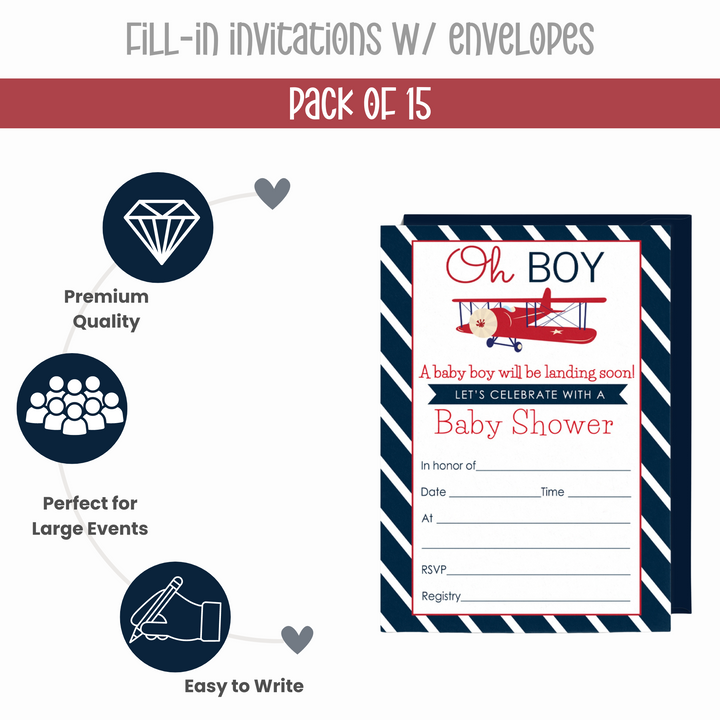 Airplane Baby Shower Invitations with Envelopes (15 Pack) - Paper Clever Party