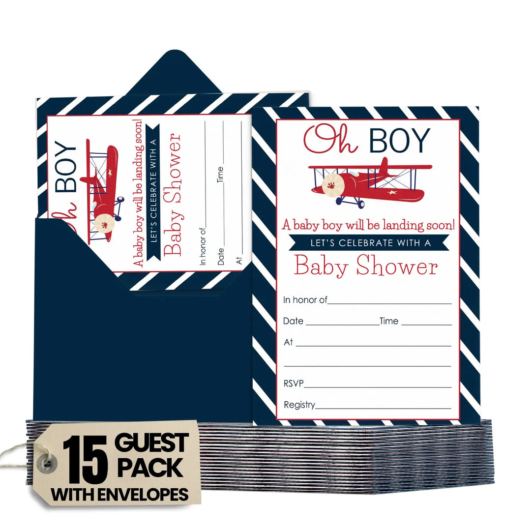 Airplane Baby Shower Invitations with Envelopes (15 Pack)