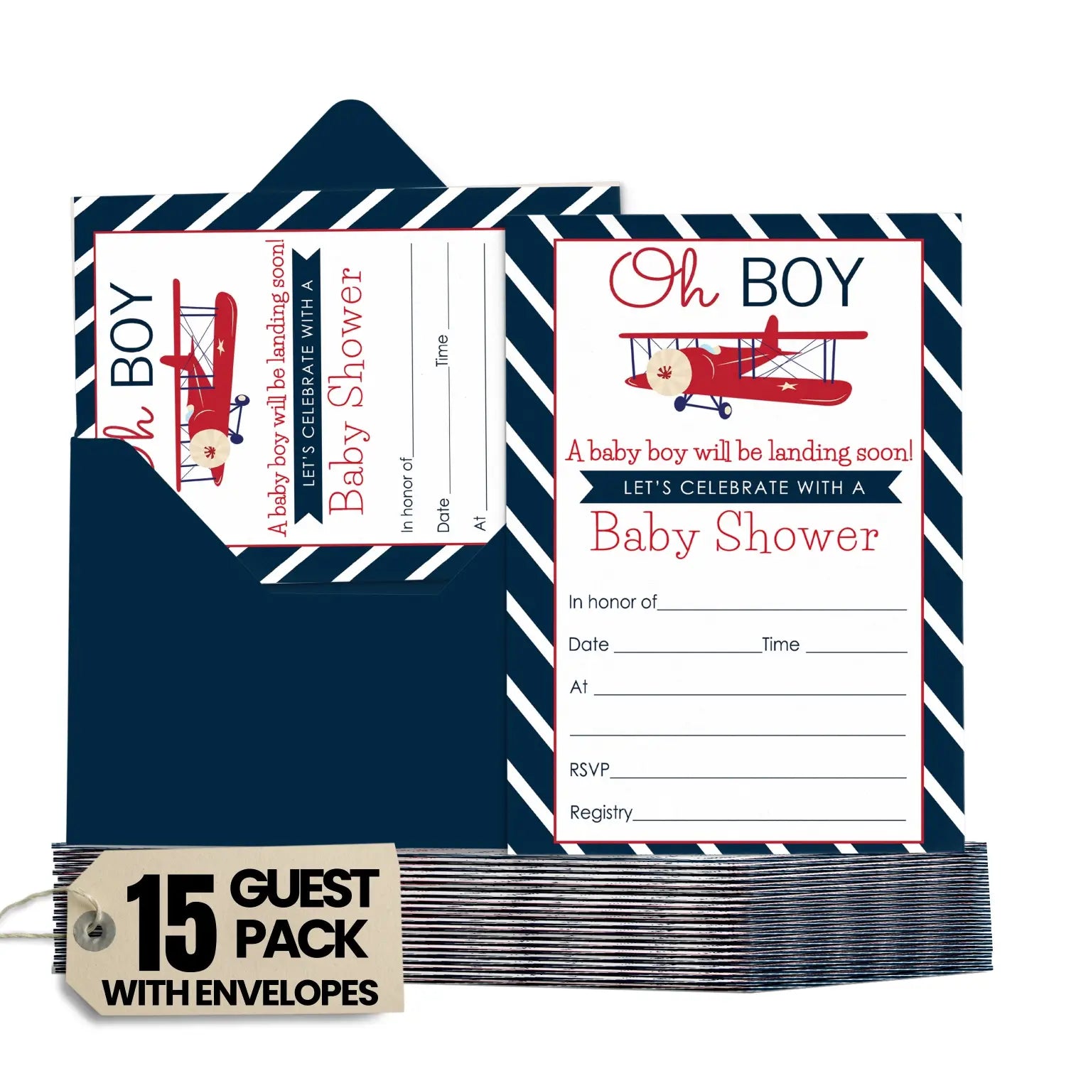 Airplane baby shower invitations with envelopes (15 pack)