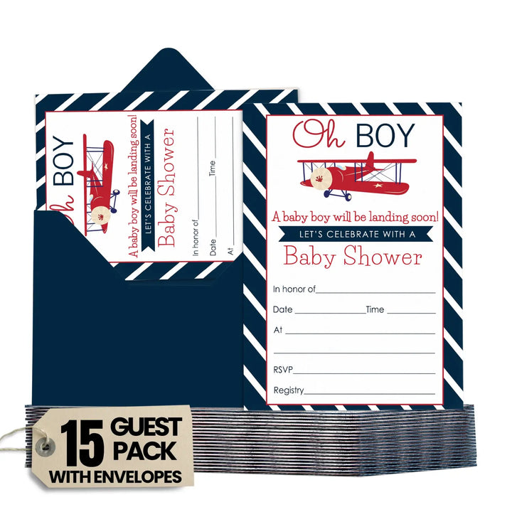 Airplane Baby Shower Invitations with Envelopes (15 Pack)