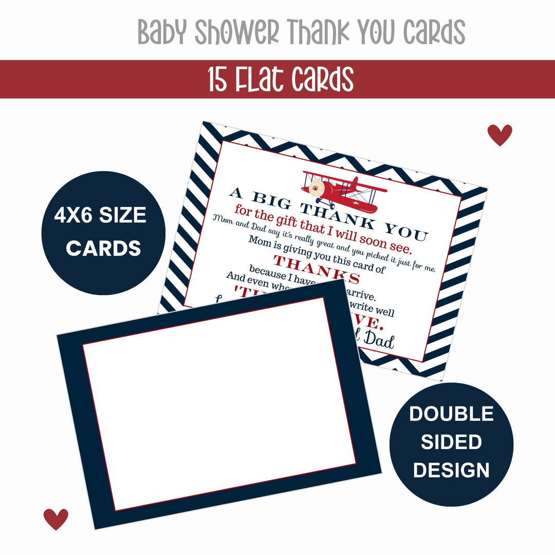 Airplane Theme Boys Baby Shower Thank You Cards - 15 Pack Notecards with Blue Envelopes, 4x6 - Paper Clever Party