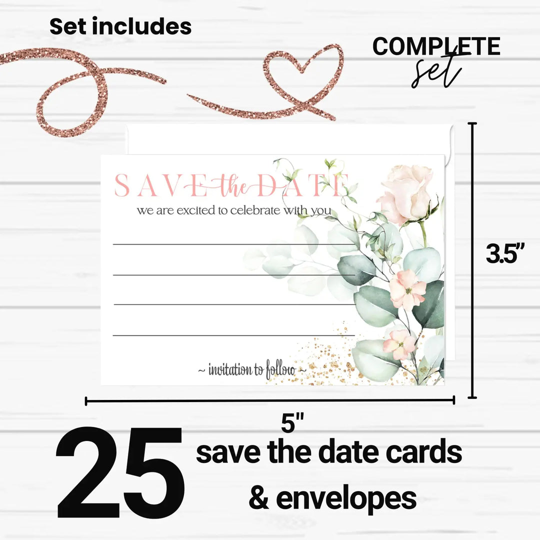 Blush Blooms Save the Date Cards with Envelopes - 25 Pack Rustic Floral Pink All Occasion Invitations for Weddings, Birthdays & Graduations - 3.5x5 Elegant Notecards