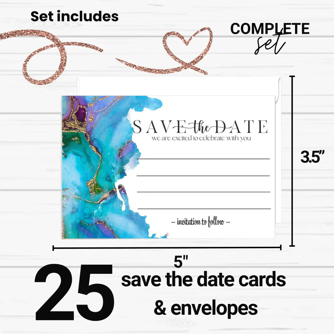 Teal and Purple Save the Date Cards with Envelopes - 25 Pack Modern Watercolor All Occasion Invitations for Weddings, Birthdays & Graduations - 3.5x5 Elegant Design