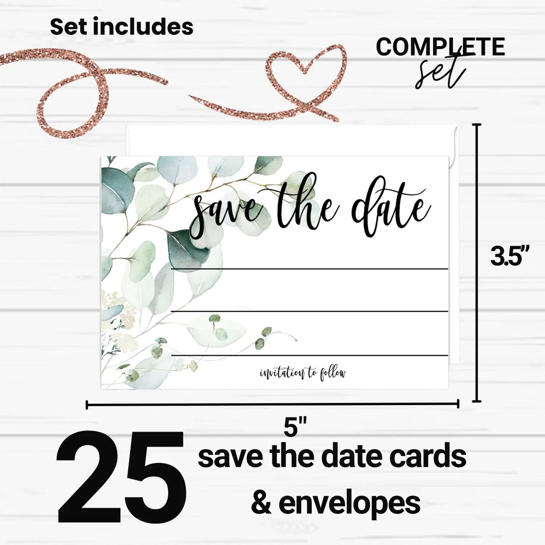 Greenery Save the Date Cards with Envelopes - 25 Pack - 3.5x5 Rustic Eucalyptus Design - All Occasion Cards for Weddings, Birthdays, Graduations