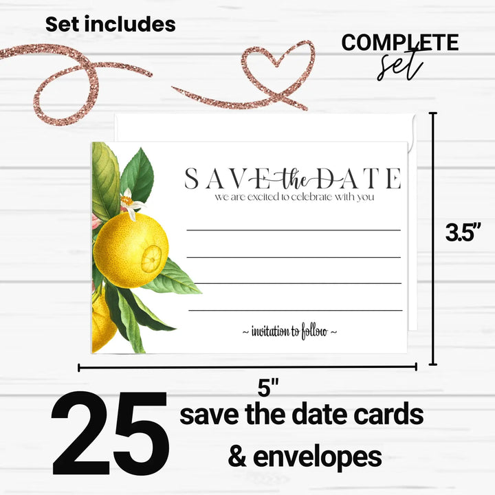 Lemon-Greenery Save the Date Cards (25 Pack) - Elegant Invitations with Envelopes for All Occasions - 3.5x5