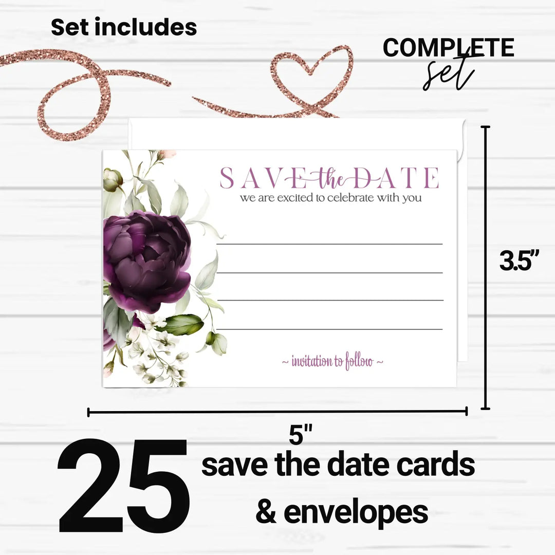 Purple Passion Save the Date Cards with Envelopes - 25 Pack Modern Floral All Occasion Invitations for Weddings, Birthdays & Graduations - 3.5x5 Elegant Design